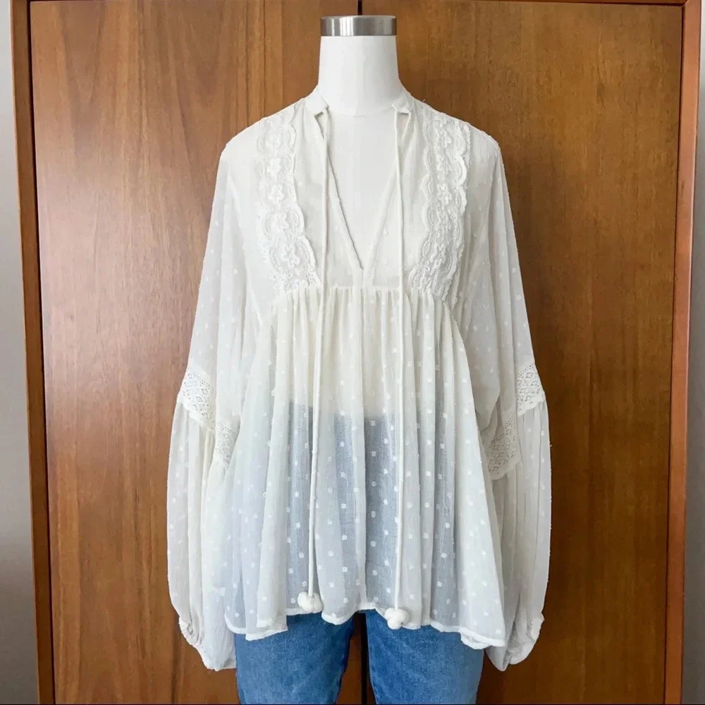 (Sold) Zara Dotted Mesh Blouse with Lace - Picture 2 of 7